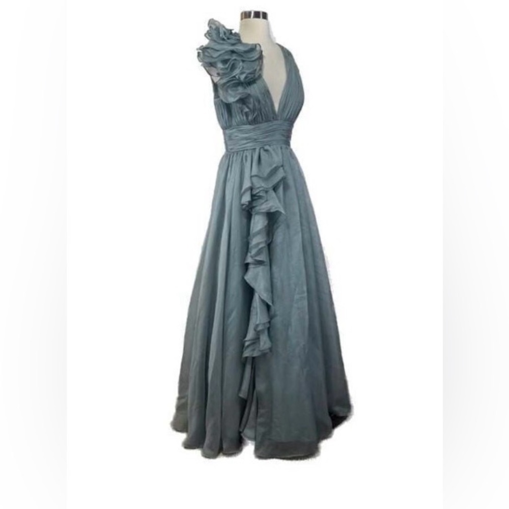 Mac Duggal Ruffle Shoulder Open Back V-Neck Chiffon Gown - Picture 5 of 9